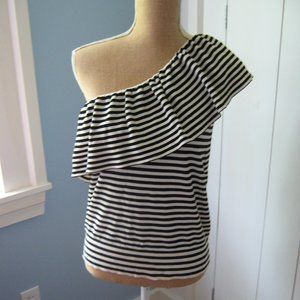 LOFT one-shoulder black and cream striped top